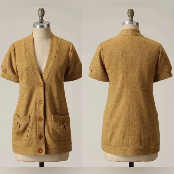 Anthropologie Tabitha Wool Blend Mustard Yellow Gold Tweed Short Sleeve Blazer - Picture 12 of 12